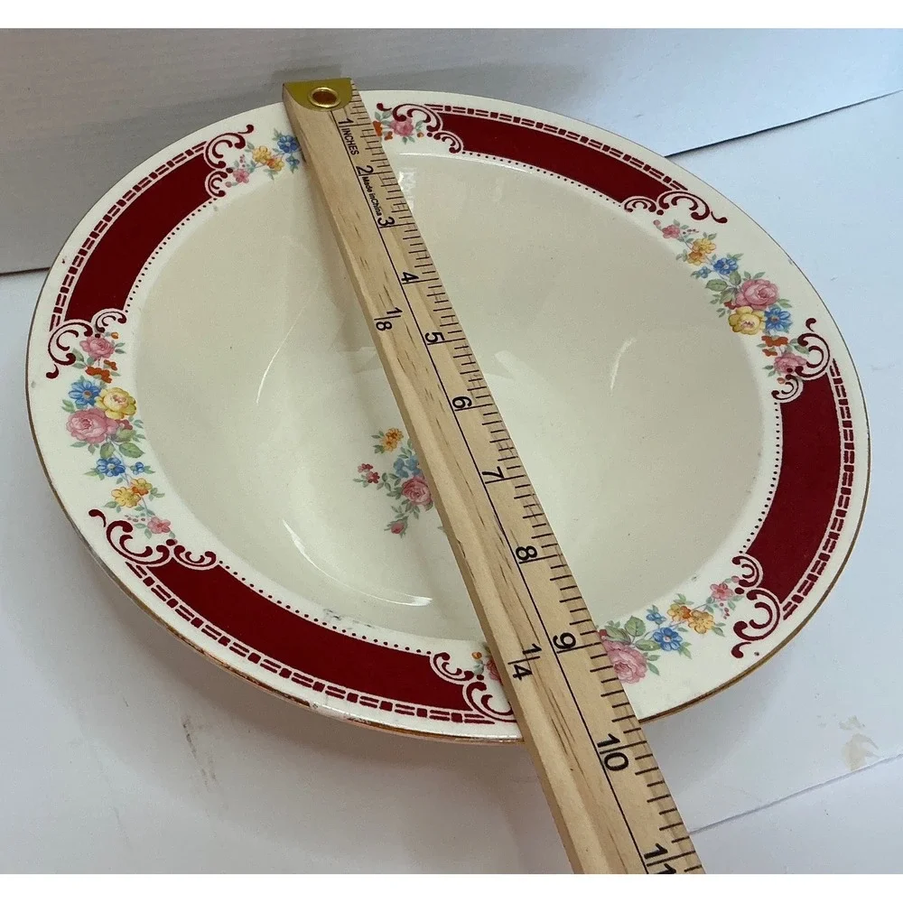 Homer Laughlin Vintage Floral Serving Bowl Burgundy Gold Trim 9‎ Inch G48N6 USA